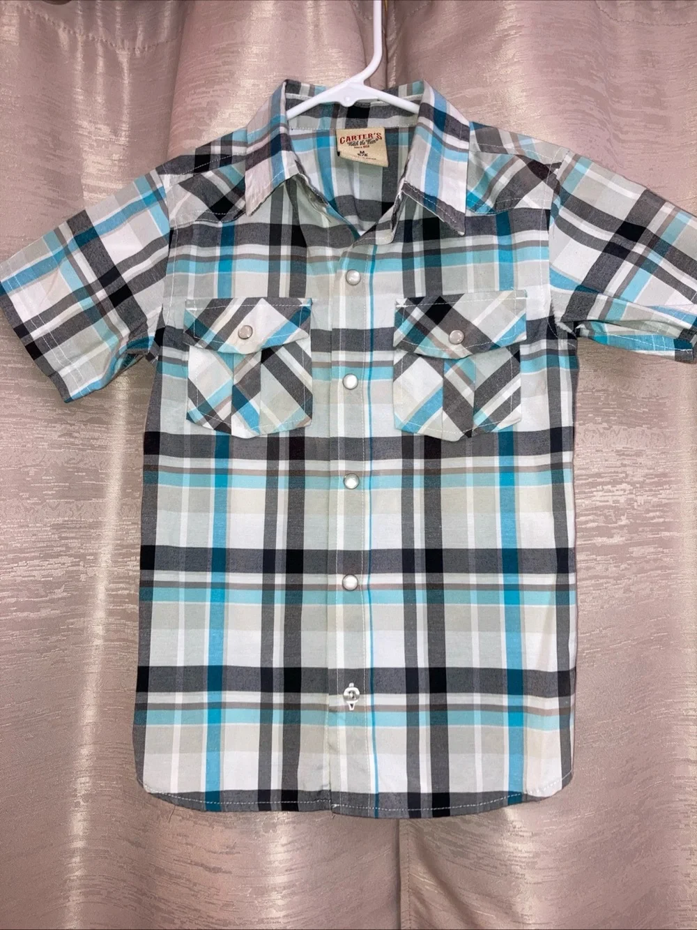Carter's Plaid Western Shirt with pearl snaps Blue, Gray, White Med (5-6)